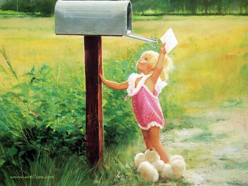 Girl Placing Letter in Mailbox — Green