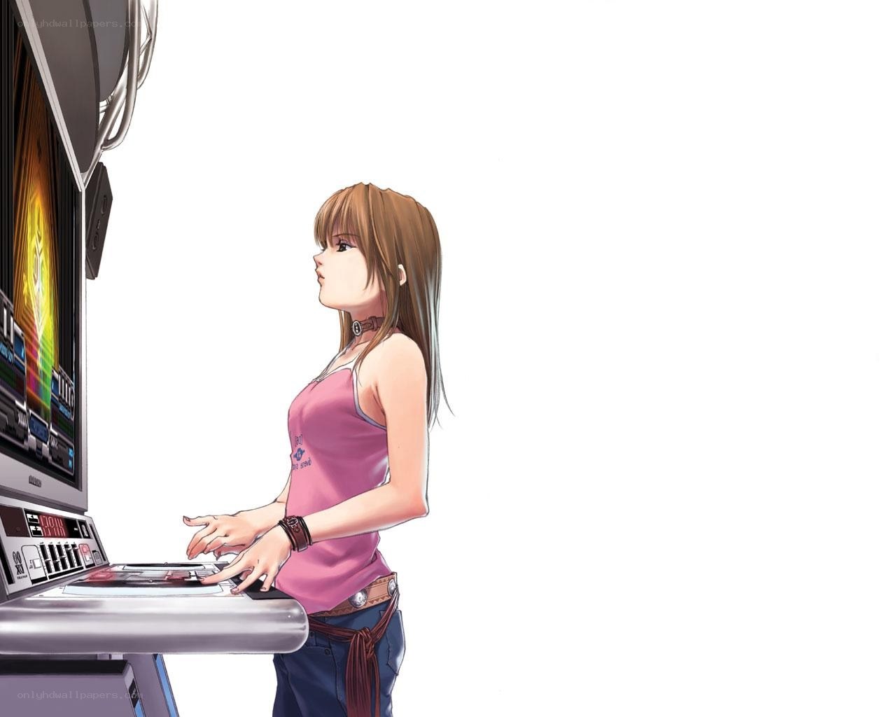 girl playing arcade game