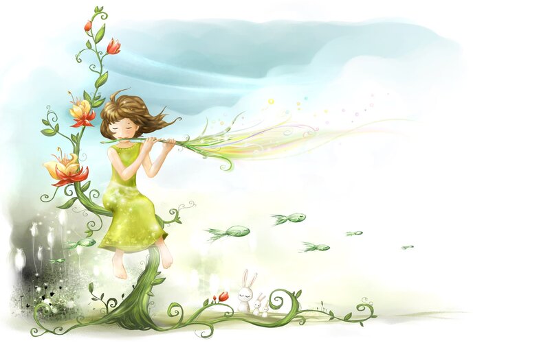 Girl Playing Flute — Green