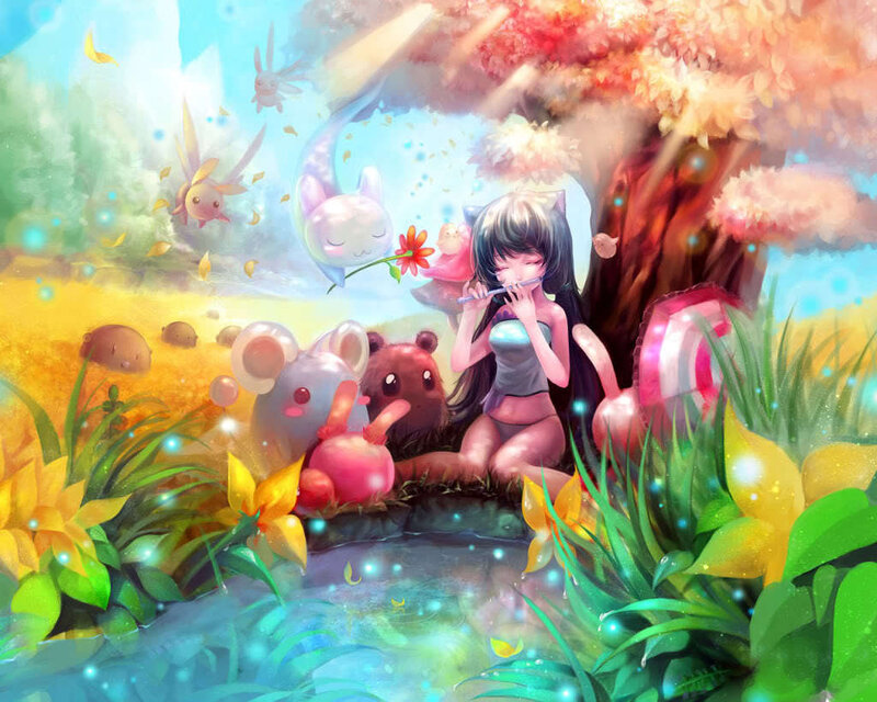 Girl playing flute in a magical forest