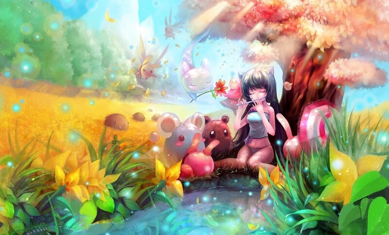 Girl playing flute in a magical forest
