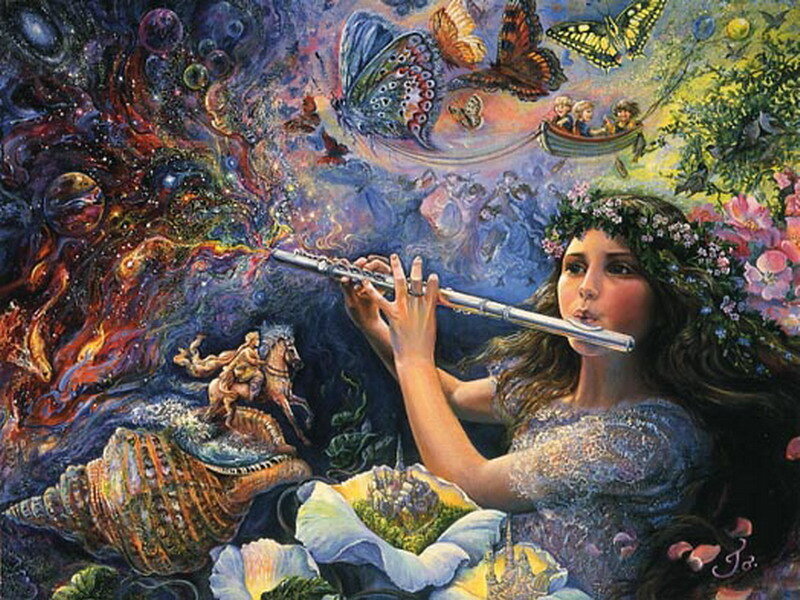 Girl playing flute in fantasy scene
