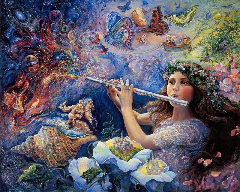Girl playing flute in fantasy scene