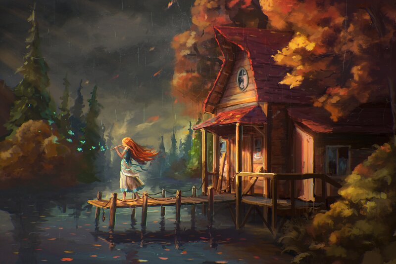 Girl Playing Flute on Dock
