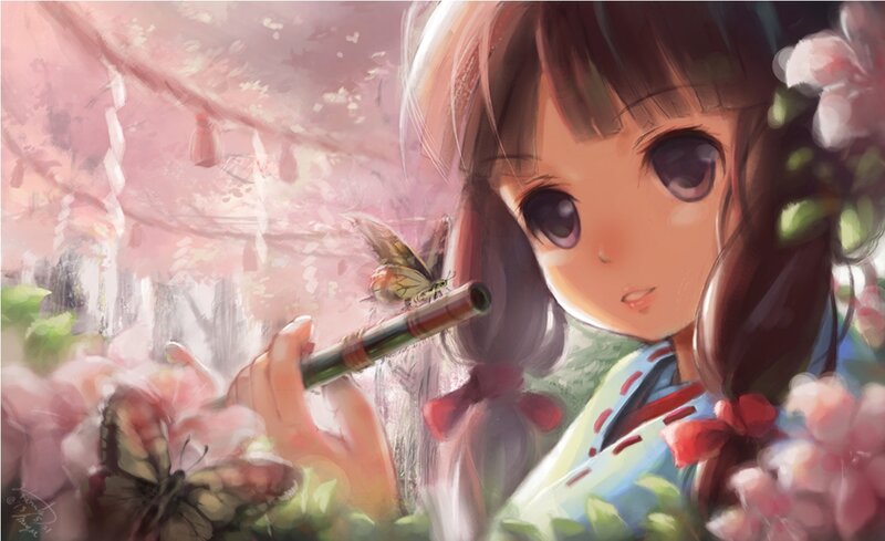Girl Playing Flute — Pink, Serene