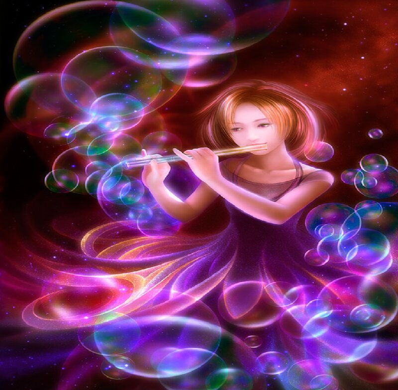 Girl Playing Flute — Purple, Dreamy