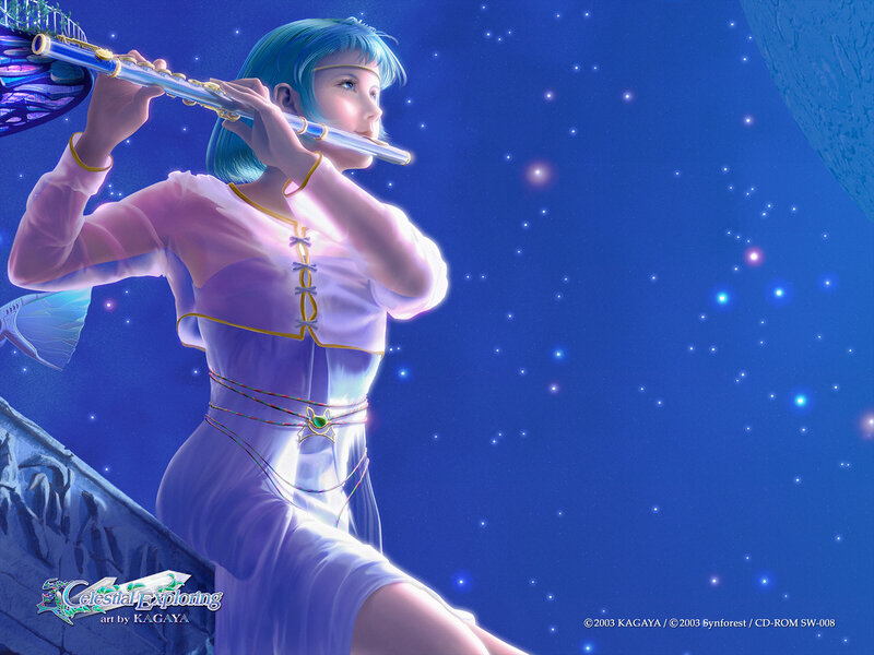 Girl playing flute under stars
