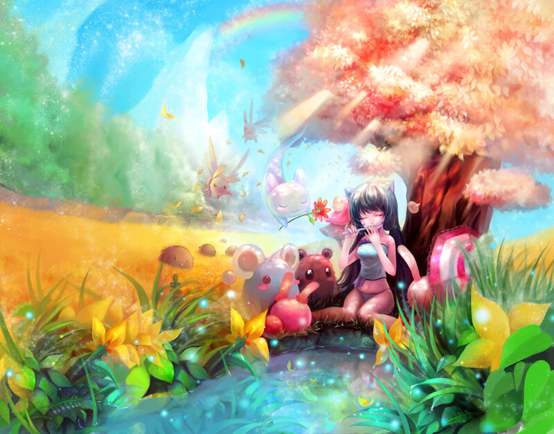 Girl Playing Flute under Tree