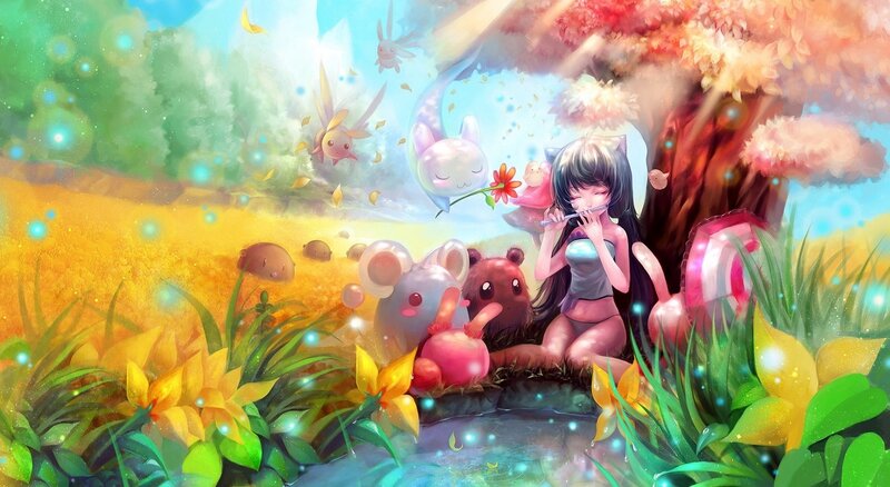 Girl Playing Flute with Animals — Green