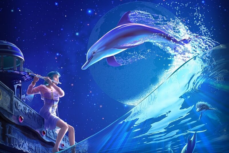 Girl Playing Flute with Dolphin