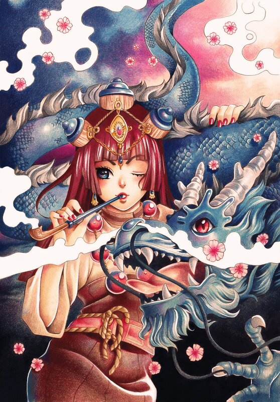 Girl Playing Flute with Dragon — Blue