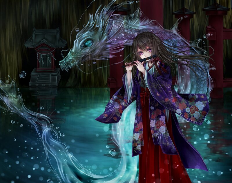 Girl Playing Flute with Dragon — Purple