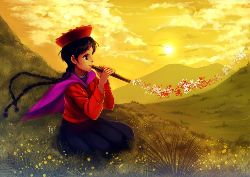 Girl Playing Flute — Yellow