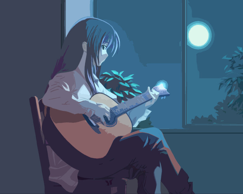 Girl playing guitar at night