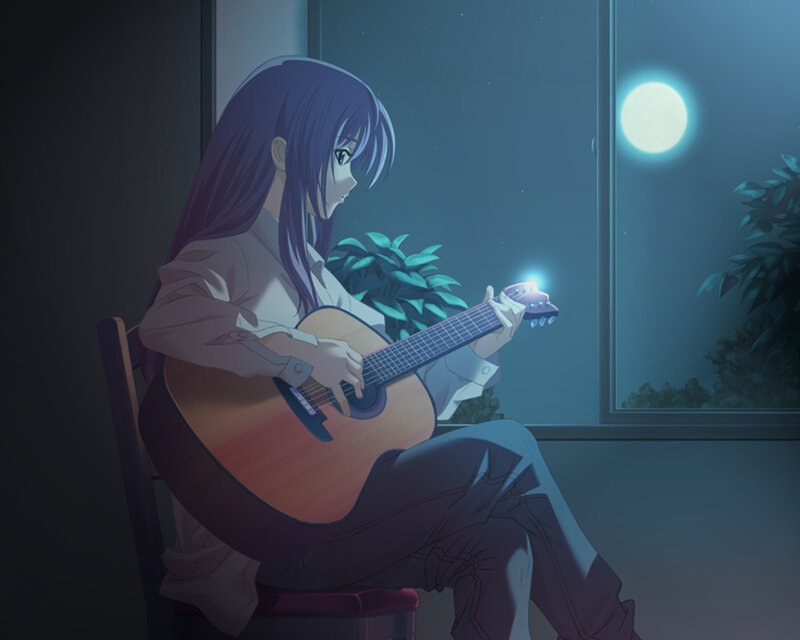 Girl playing guitar at night