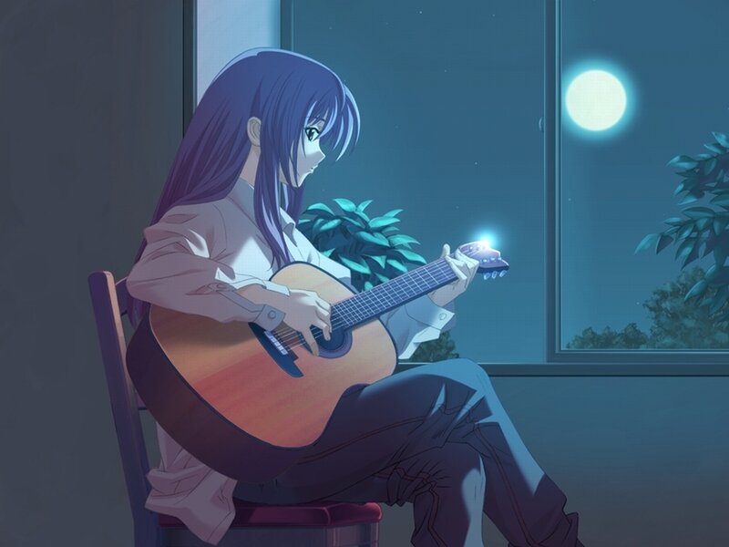 Girl playing guitar at night