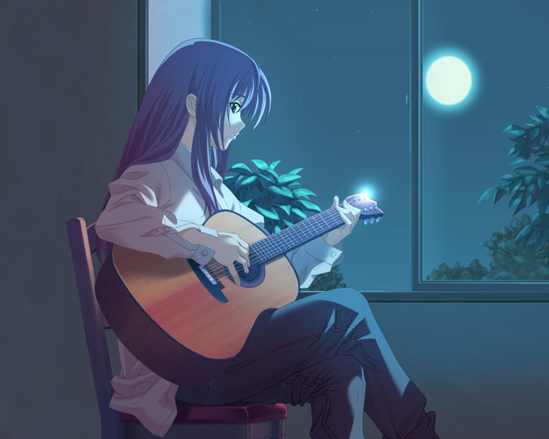 Girl playing guitar at night