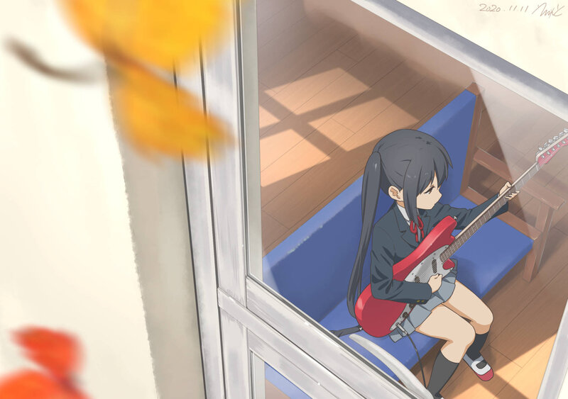 Girl Playing Guitar — Blue, Calm