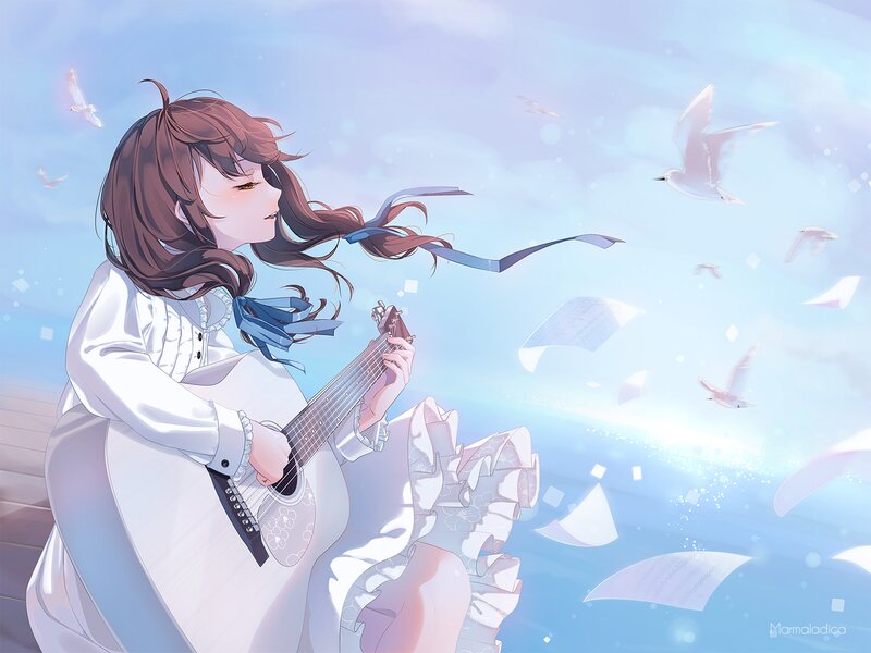 Girl Playing Guitar — Blue