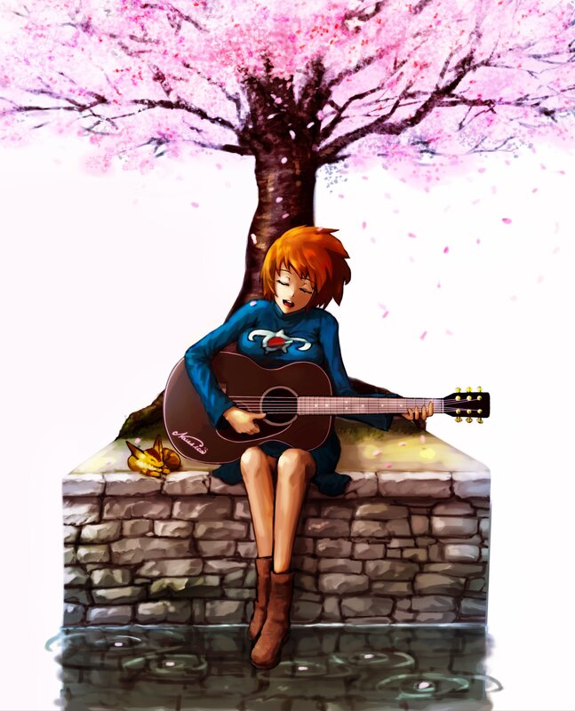 Girl playing guitar under cherry blossom