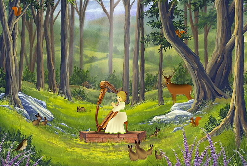 Girl Playing Harp in Forest