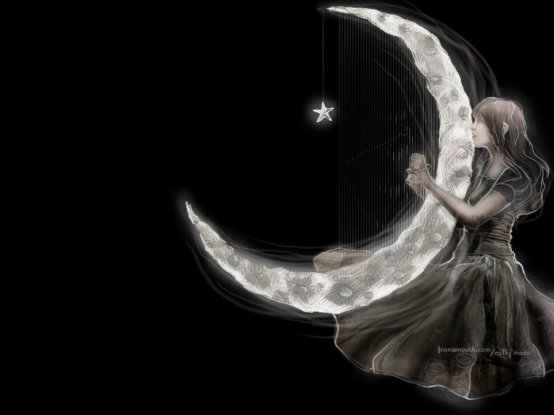 girl playing harp on moon