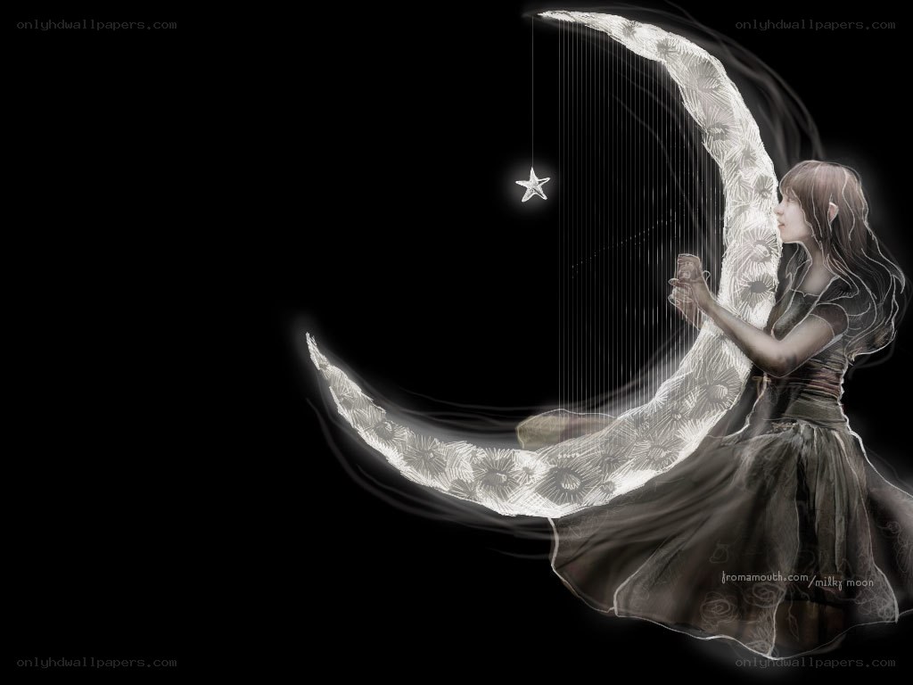 girl playing harp on moon