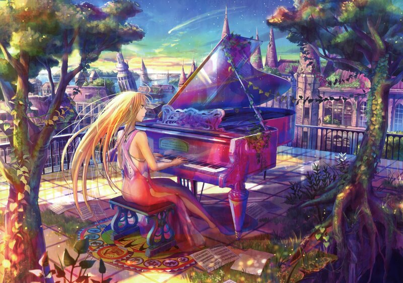 Girl playing piano at sunset