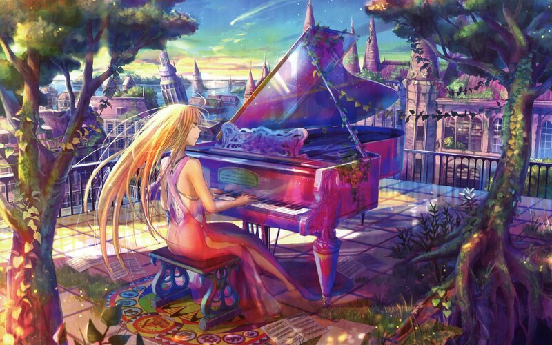 Girl playing piano at sunset