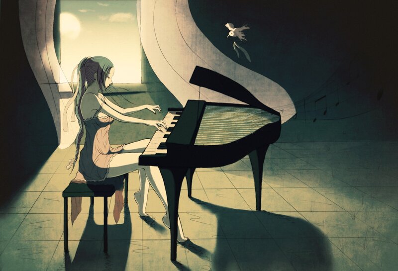 Girl playing piano at sunset