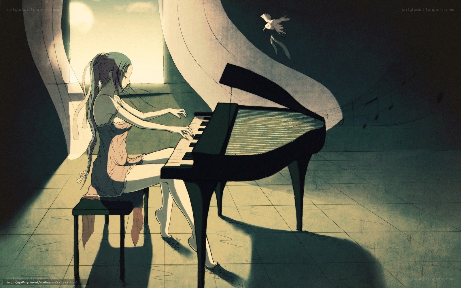Girl playing piano at sunset