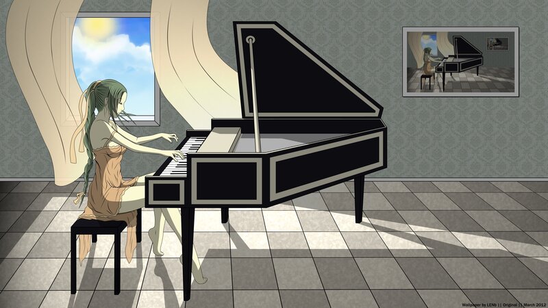 Girl playing piano at window