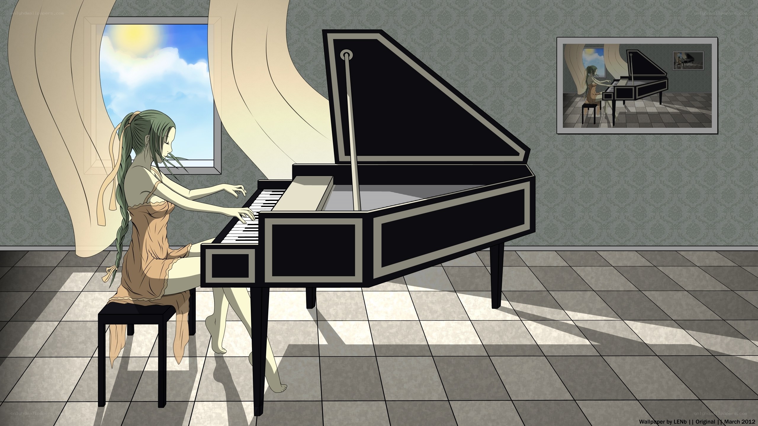 Girl playing piano at window