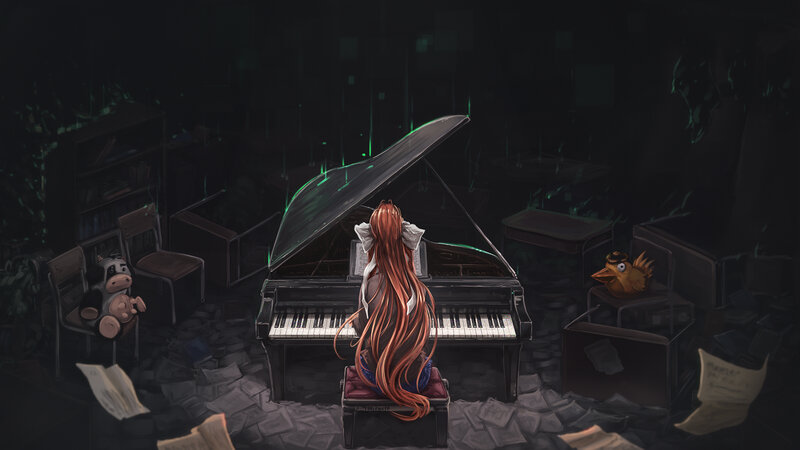 Girl Playing Piano — Black, Dramatic, Night, Digital Art