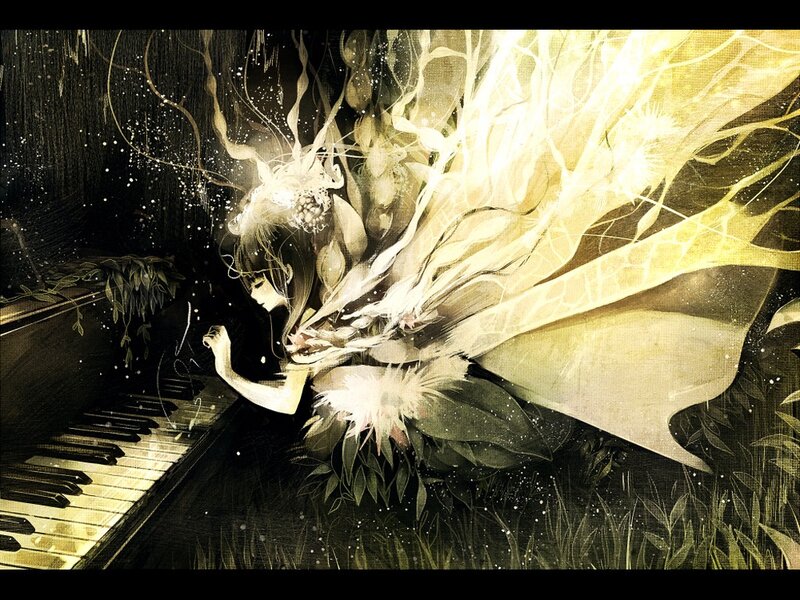 Girl Playing Piano — Black, Dramatic, Night