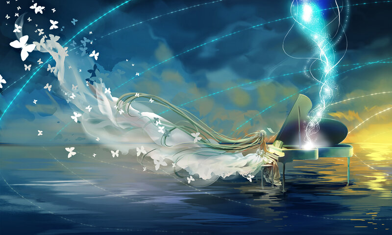 Girl Playing Piano — Blue, Serene, Night