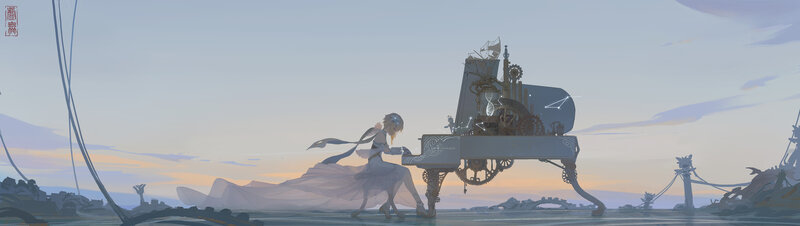 Girl Playing Piano — Blue, Serene, Sunset