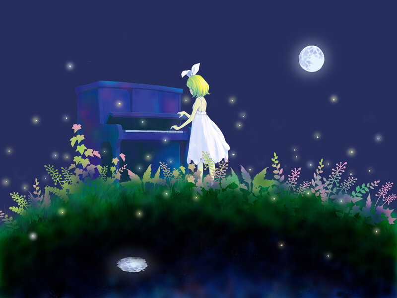 Girl Playing Piano — Blue, Serene