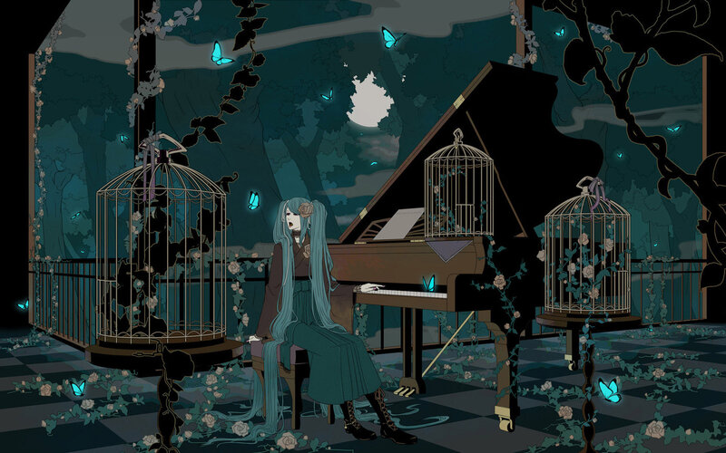 Girl playing piano in a garden