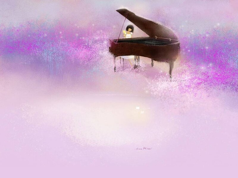 Girl playing piano in dreamy landscape