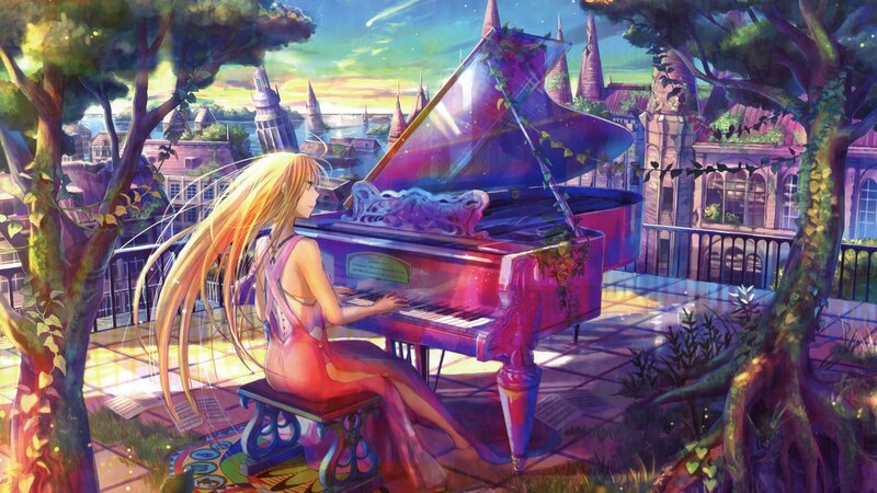 Girl playing piano in garden