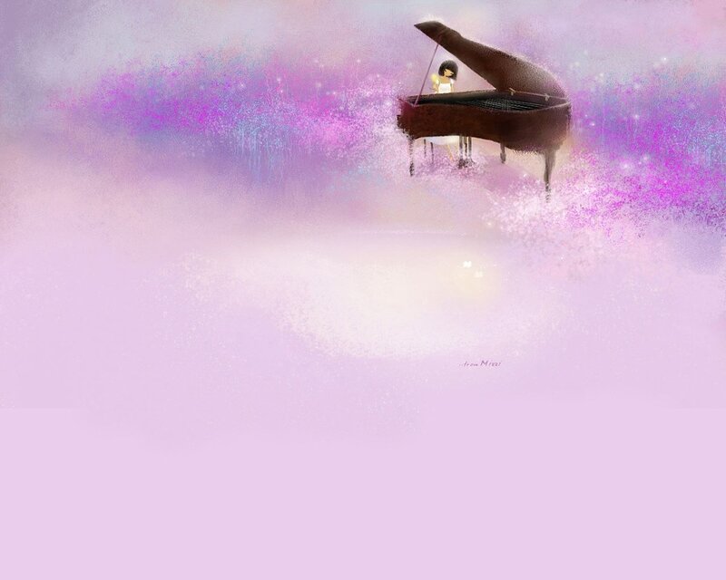 Girl playing piano in purple mist