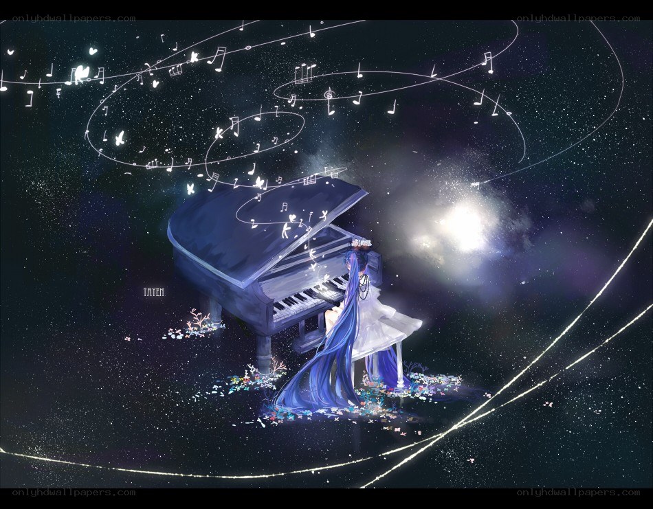 girl playing piano in space