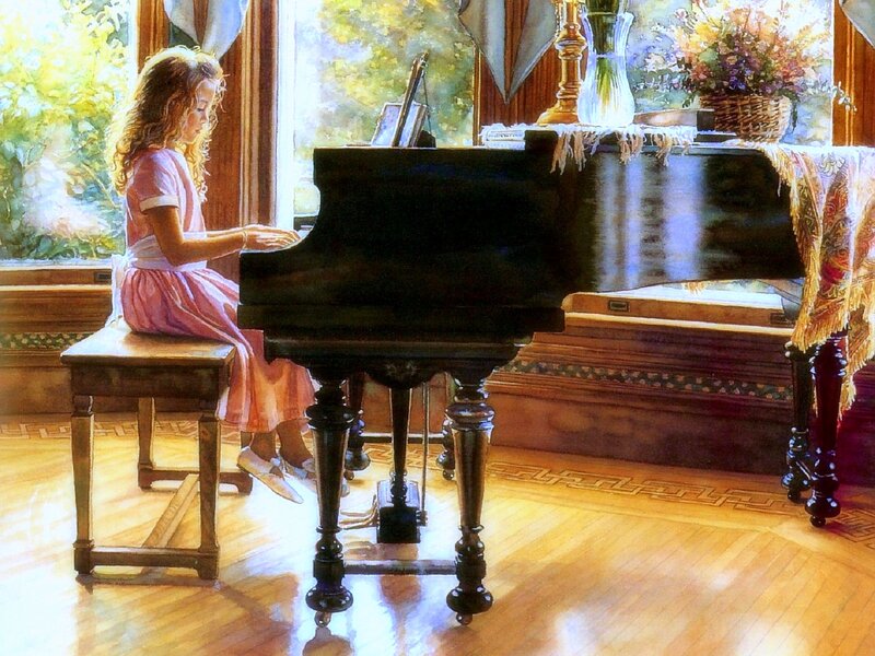 Girl Playing Piano — Pink