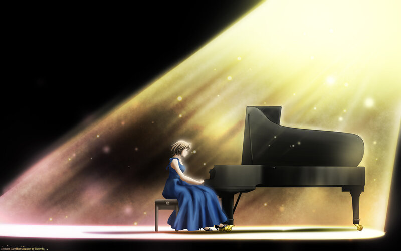 girl playing piano under spotlight