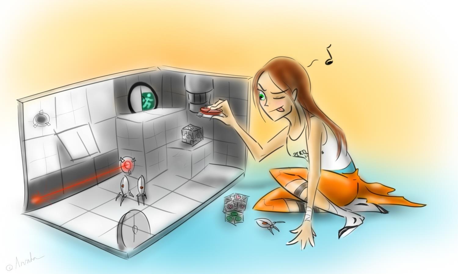 Girl playing Portal game