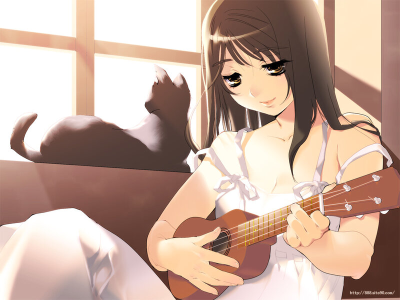 Girl playing ukulele with cat