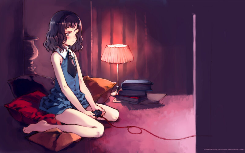girl playing video game at night