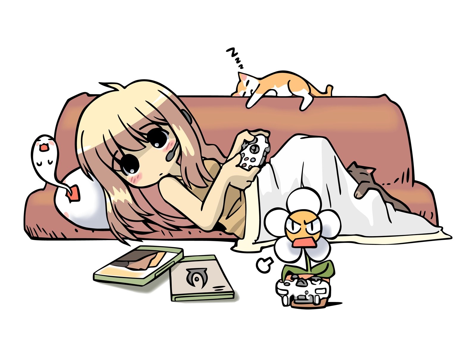 Girl playing video game with pets