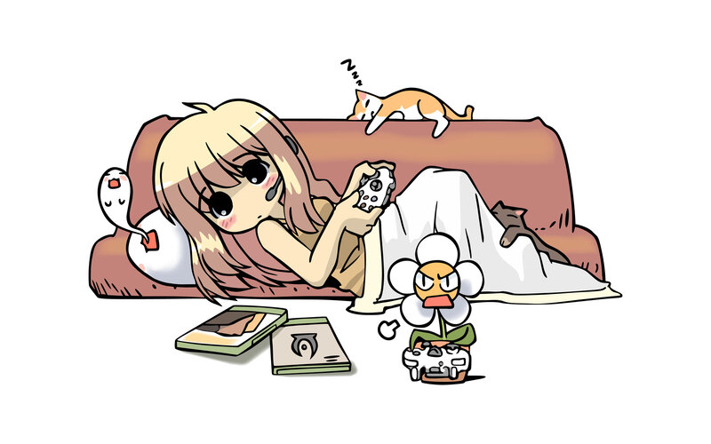 Girl playing video games with pets